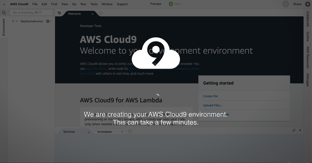 The AWS Cloud9 environment as it is provisioning