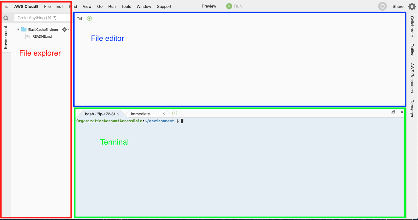 The three main areas of the AWS Cloud9 console