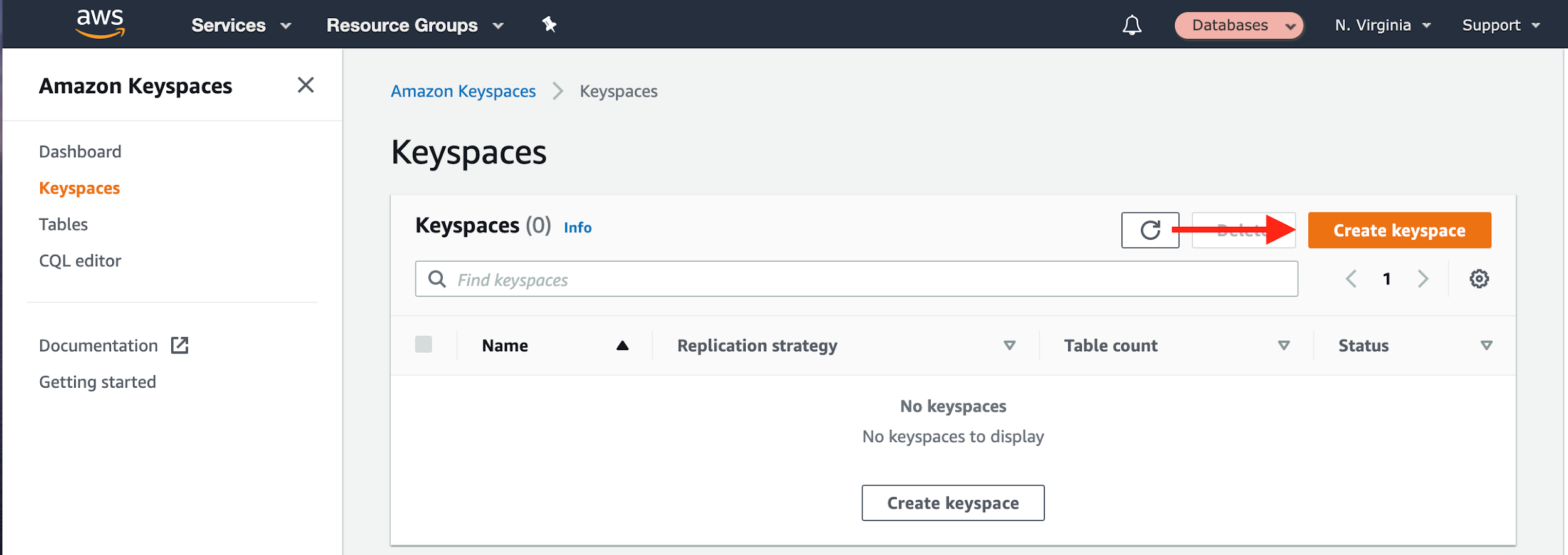 Choose &quot;Create keyspace&quot; to create a new keyspace