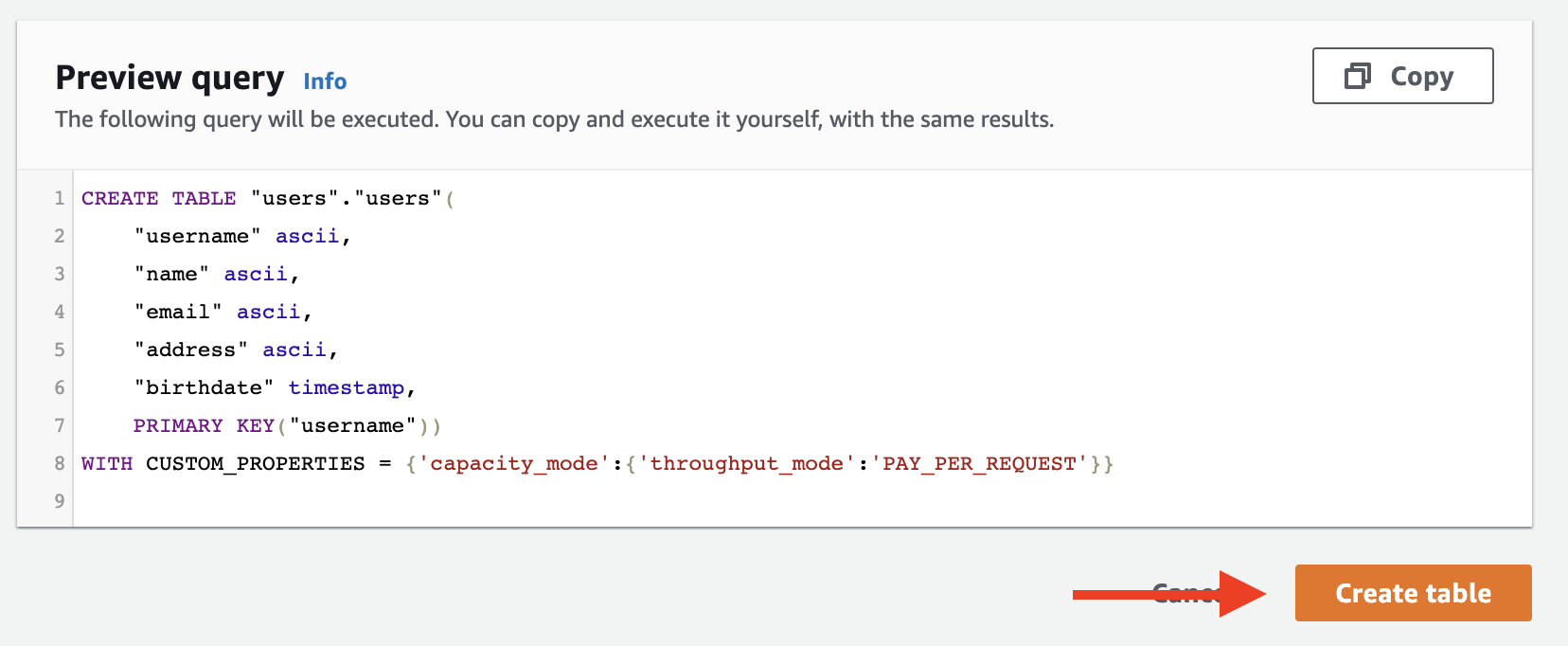 Choose &quot;Create table&quot; to create your table