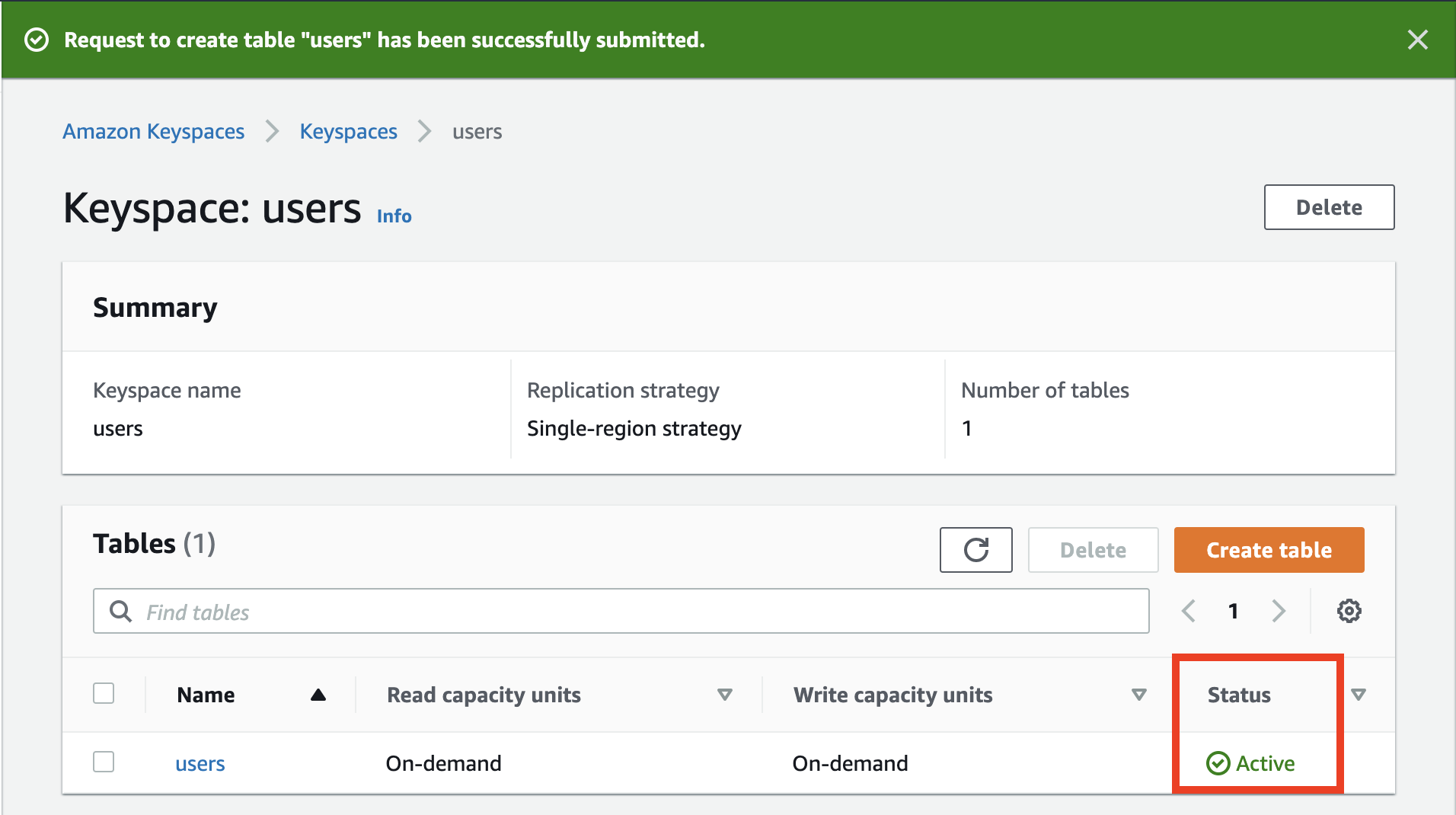 When your table is ready to use, its &quot;Status&quot; is &quot;Active&quot;