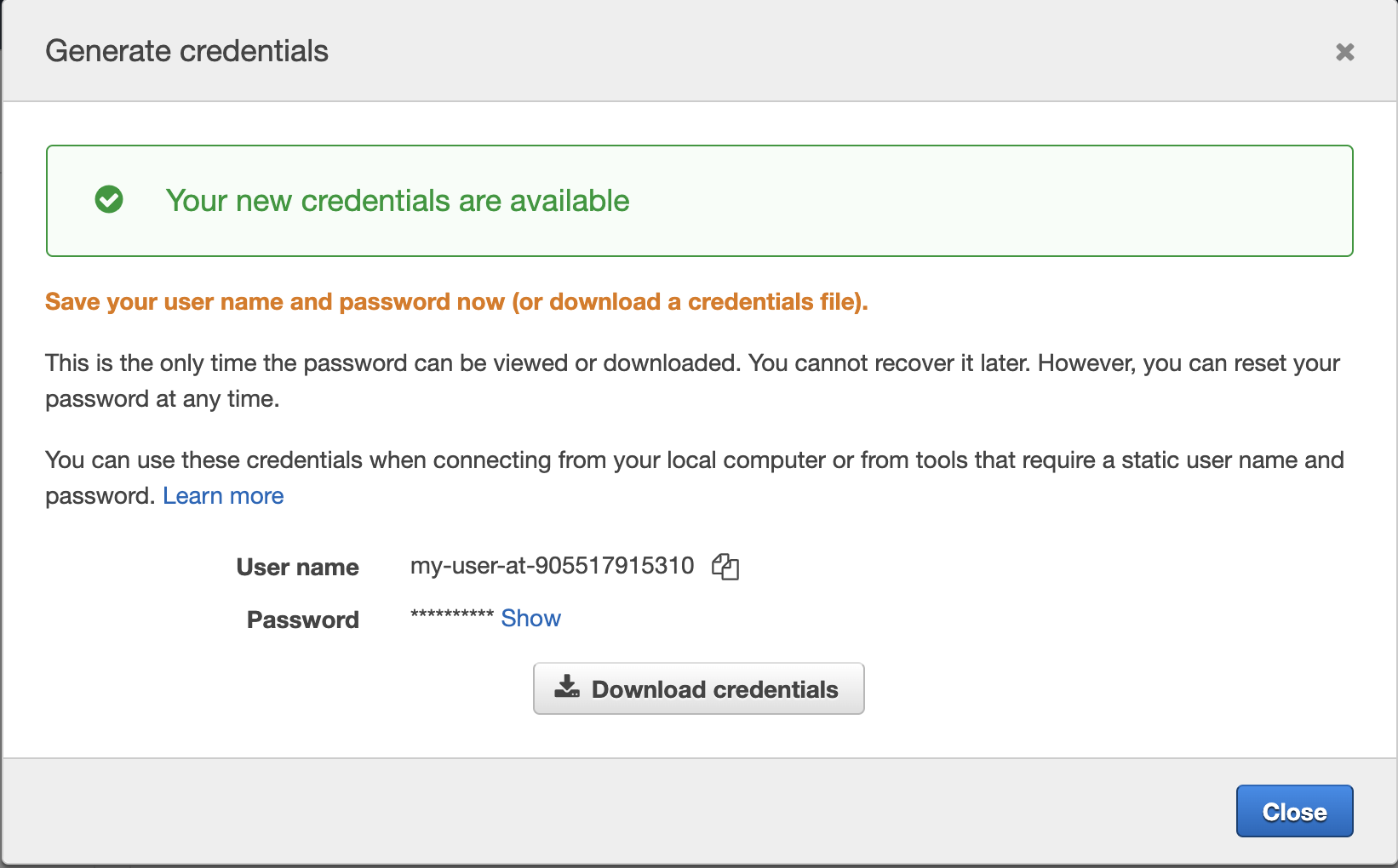 Download the credentials and make sure you have them available because you need them later in this lesson