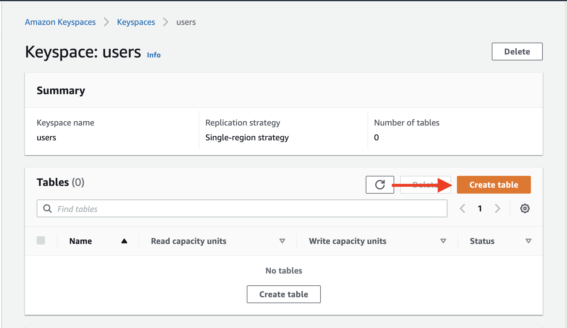 Choose &quot;Create table&quot; to open the table-creation wizard.