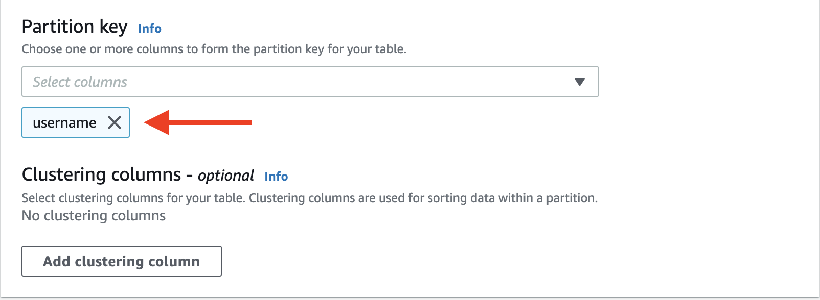 Choose &quot;username&quot; as the partition key