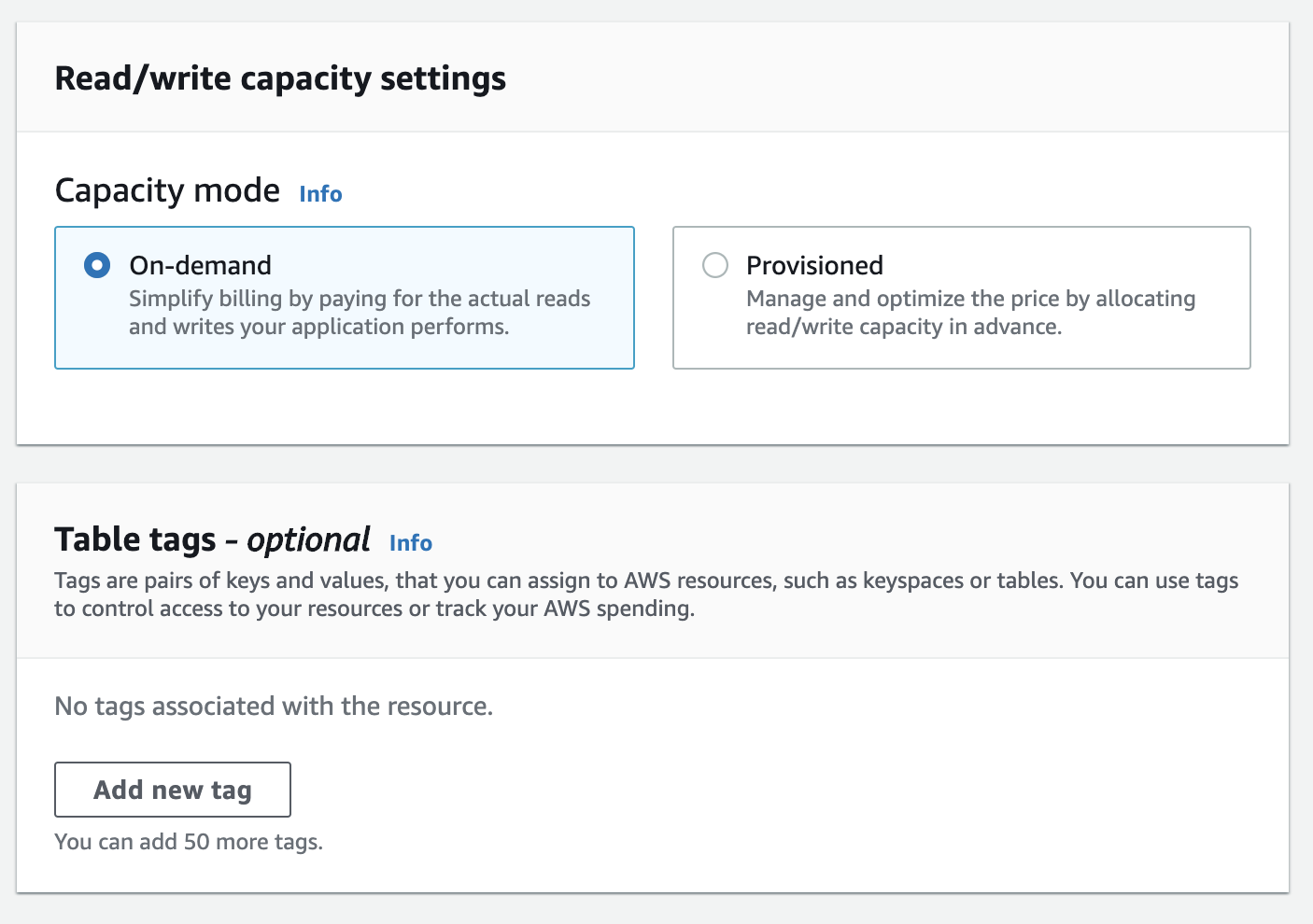 Choose the billing mode and add any required tags