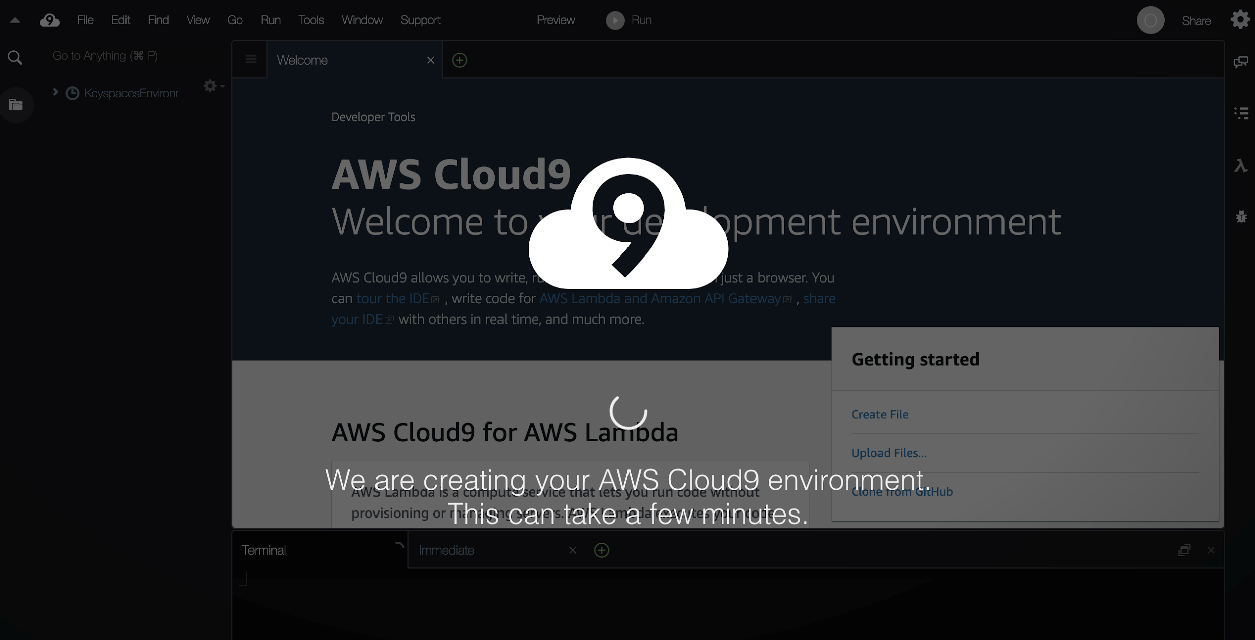 The AWS Cloud9 environment as it is provisioning