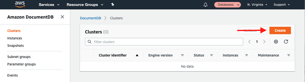 Choose &quot;Create&quot; to create a new cluster