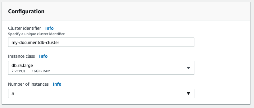 Name your cluster and choose the instance class and number of instances to create for your cluster