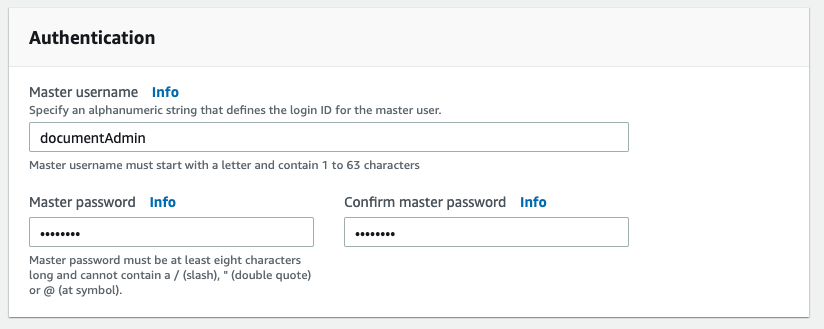 Enter the master username and password for your Amazon DocumentDB cluster