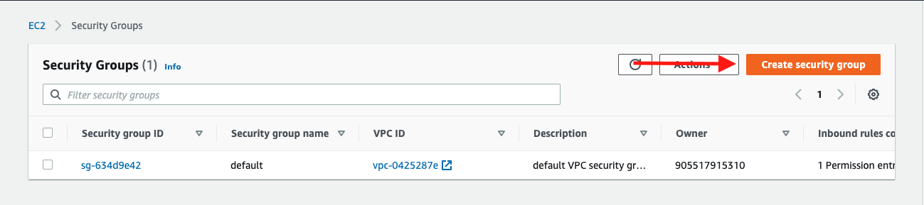 Choose &quot;Create security group&quot; to create a new security group