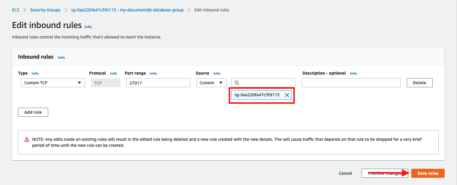 Add an inbound rule that allows for TCP traffic on port 27017 from your security group