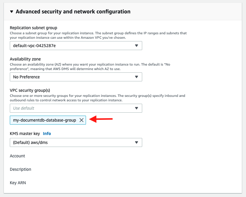 Choose the same security group that you attached to your Amazon DocumentDB database