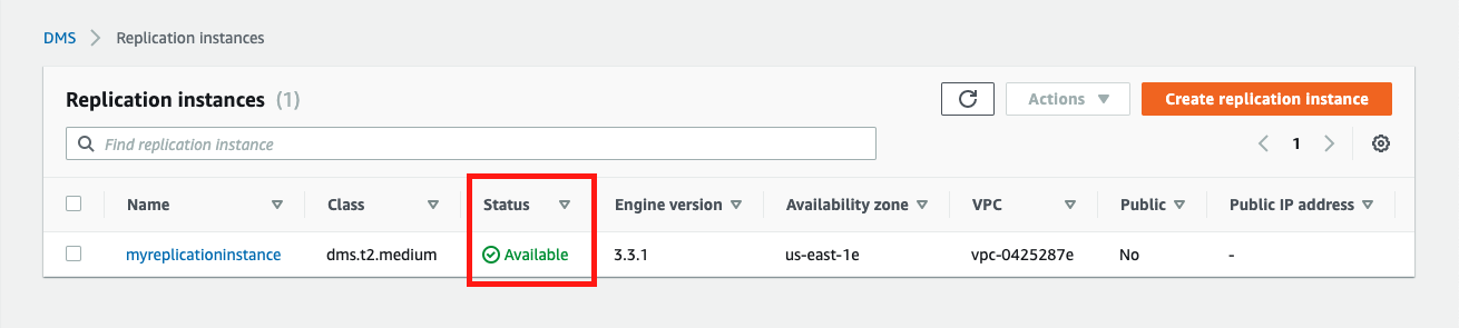 When your replication instance is ready to go, its &quot;Status&quot; is &quot;Available&quot;