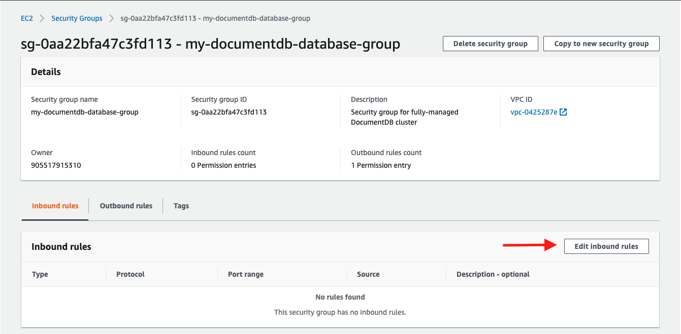 Choose &quot;Edit inbound rules&quot; for your security group