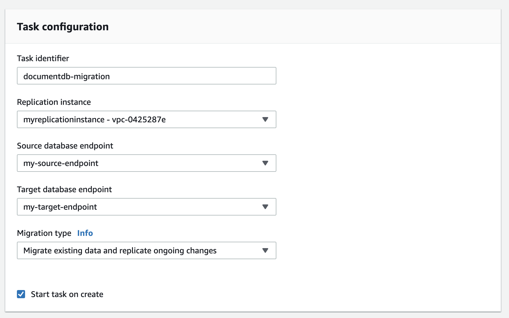 In the &quot;Task configuration&quot; section, set up the parameters of your replication task