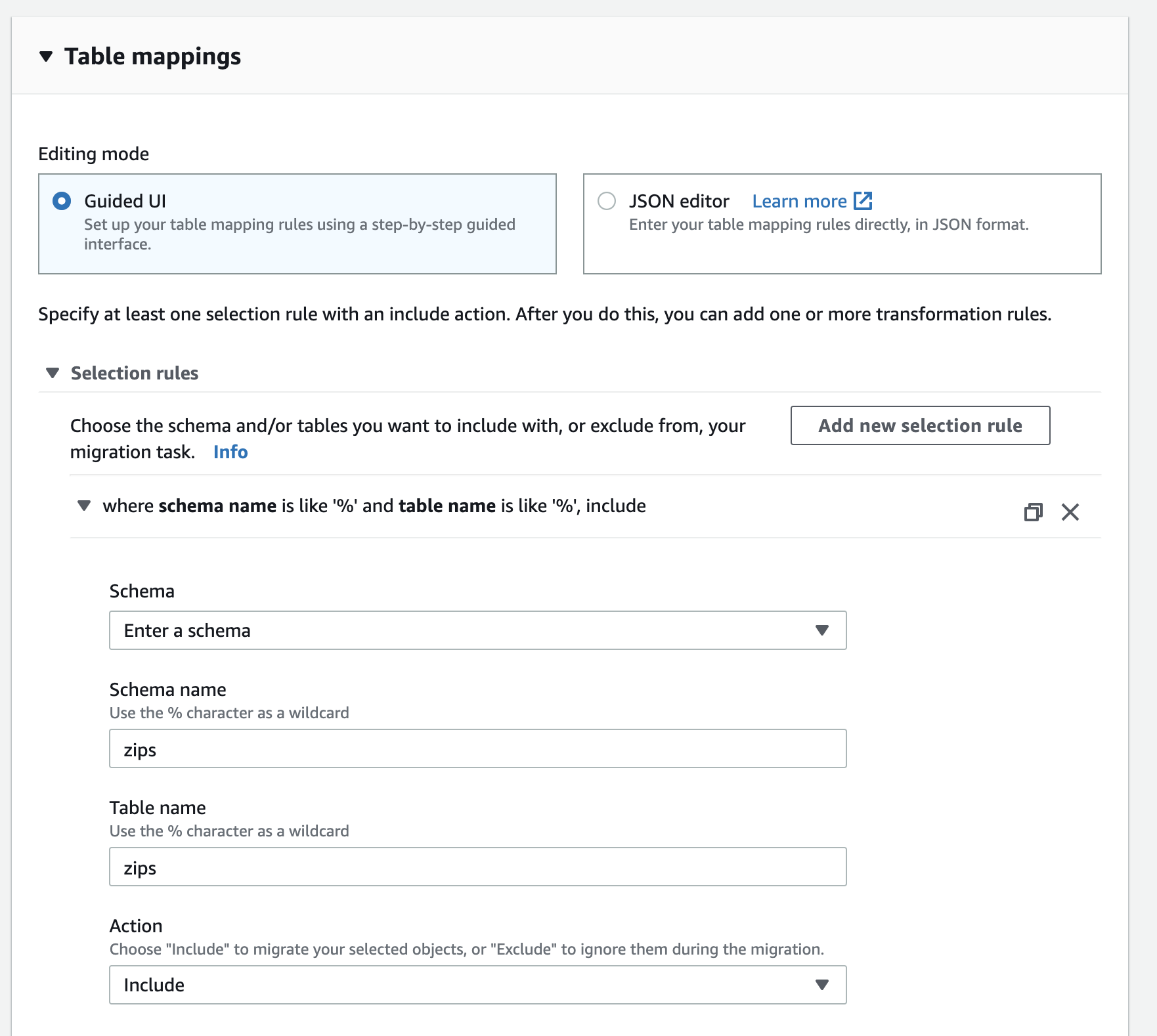 In the &quot;Table mappings&quot; section, tell AWS DMS which tables to copy