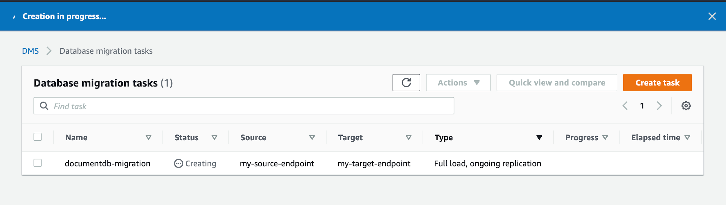 After you create your task, your task is shown with a &quot;Status&quot; of &quot;Creating&quot;