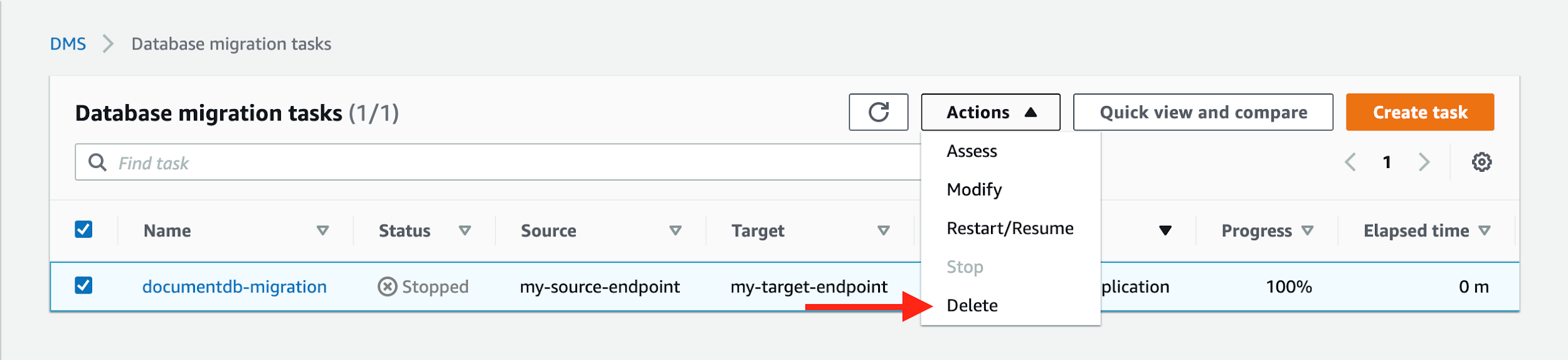 Delete the database migration task