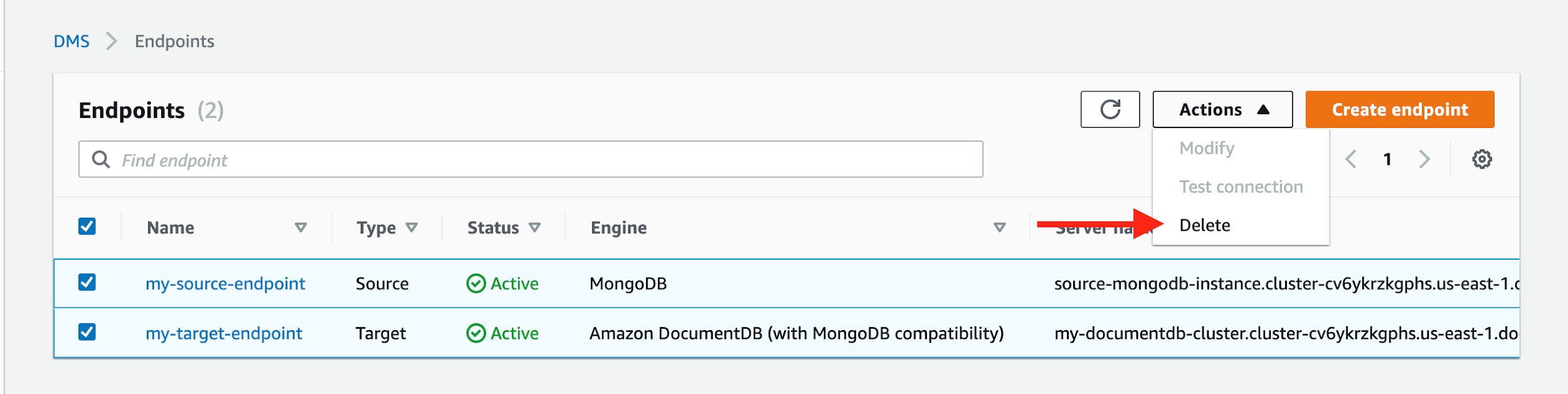 Choose both your source endpoint and your target endpoint, and then choose &quot;Delete&quot;