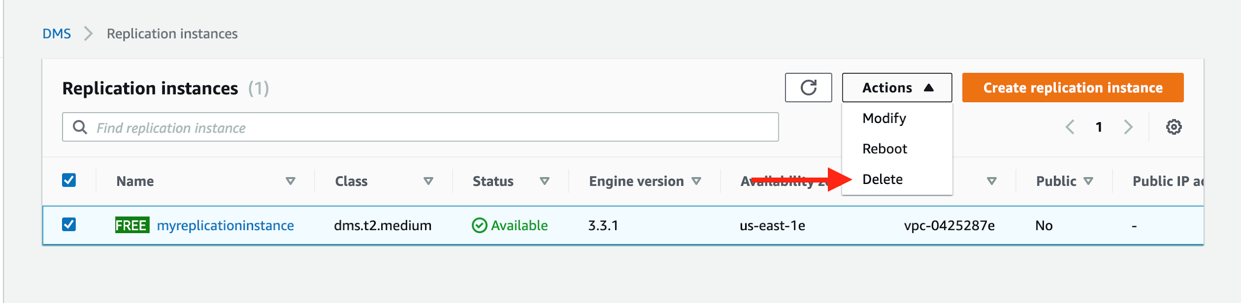 If your replication instance is not being used for any other replication tasks, choose it and then choose &quot;Delete&quot;