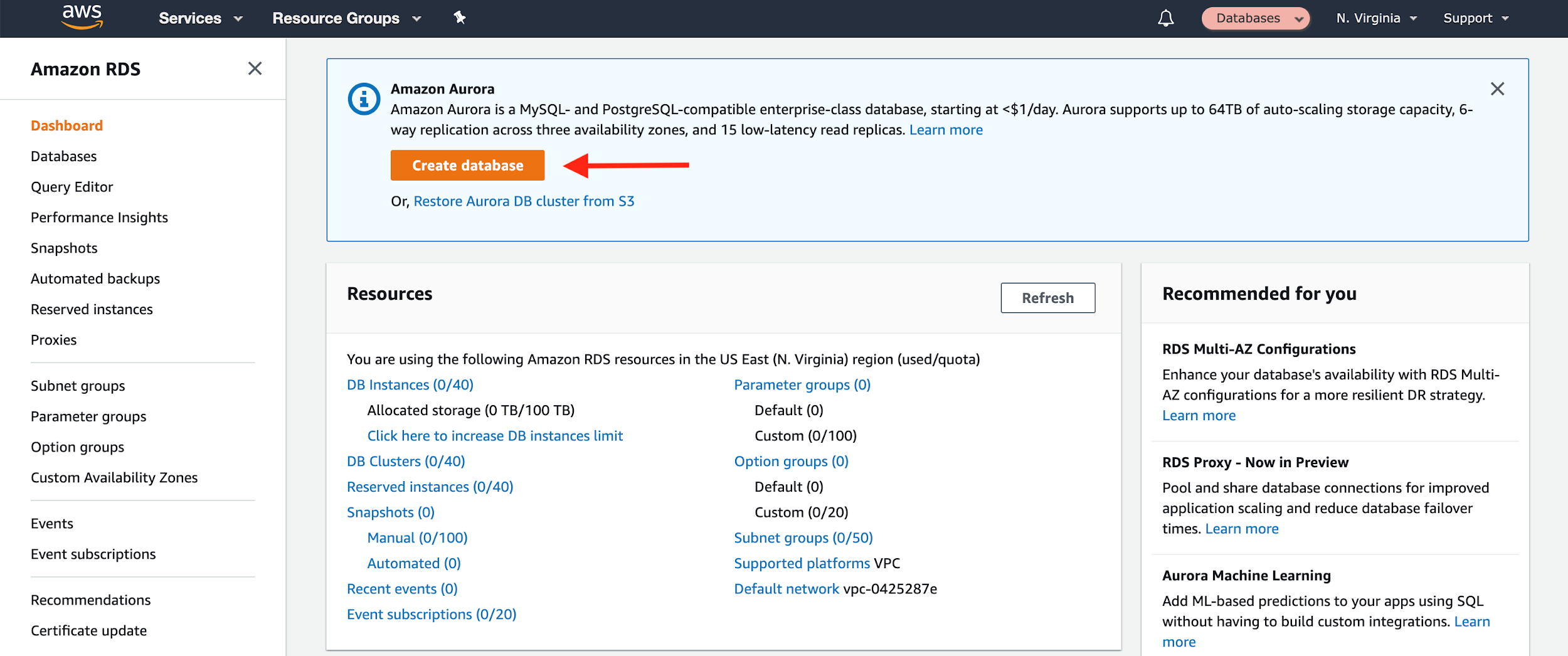 Choose &quot;Create database&quot; to create a new database