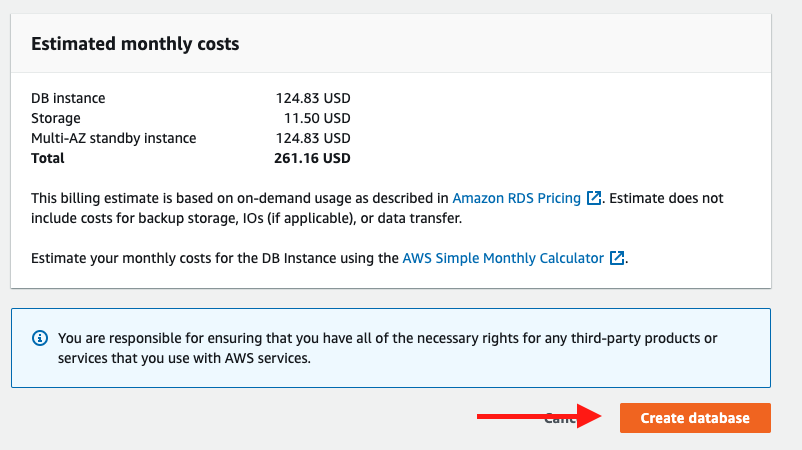 Choose &quot;Create database&quot; to create your database instance