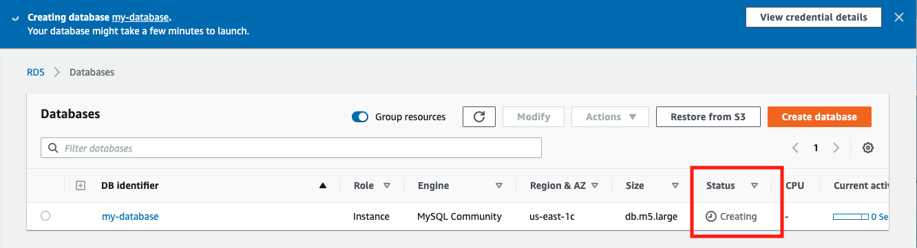 As Amazon RDS is provisioning your infrastructure, the &quot;Status&quot; of your database is &quot;Creating&quot;