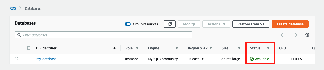 When your database is ready to use, its &quot;Status&quot; is &quot;Available&quot;