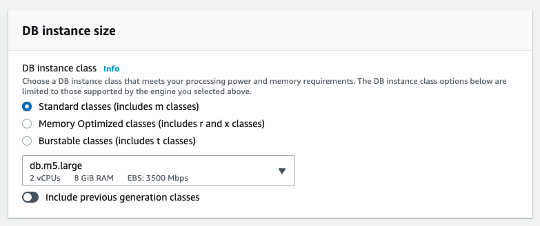 Choose the database instance size