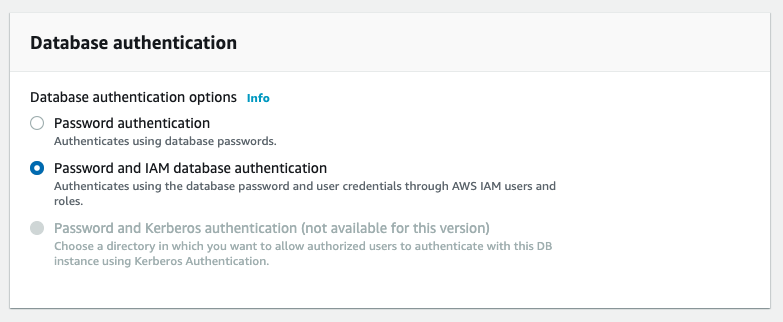 Choose the database authentication methods to allow in your database