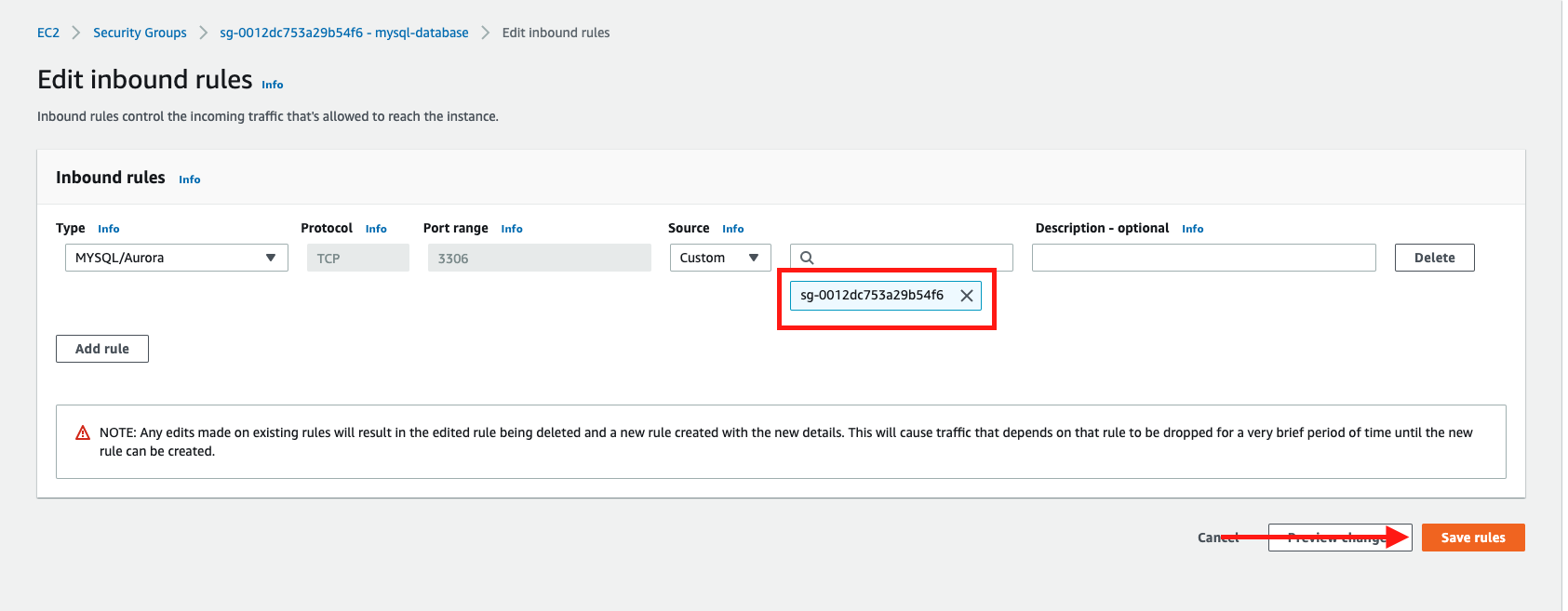 Remove the existing IP address and enter the name of the security group used for your Amazon RDS database instance and replication instance