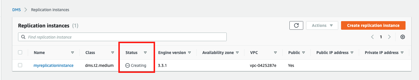 Your replication instance shows a &quot;Status&quot; of &quot;Creating&quot; while AWS provisions and initializes it