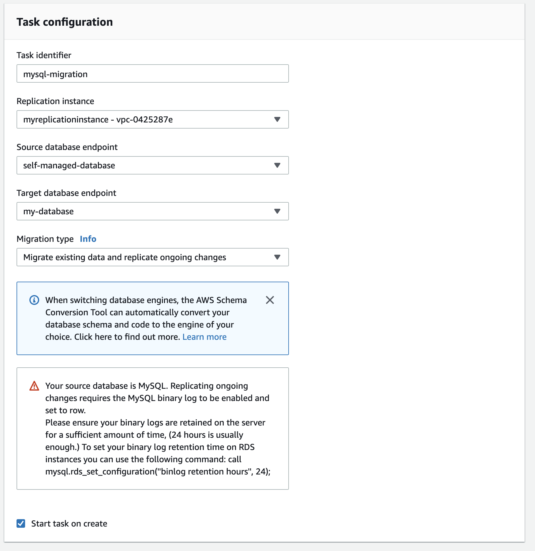 In the &quot;Task configuration&quot; section, set up the parameters of your replication task