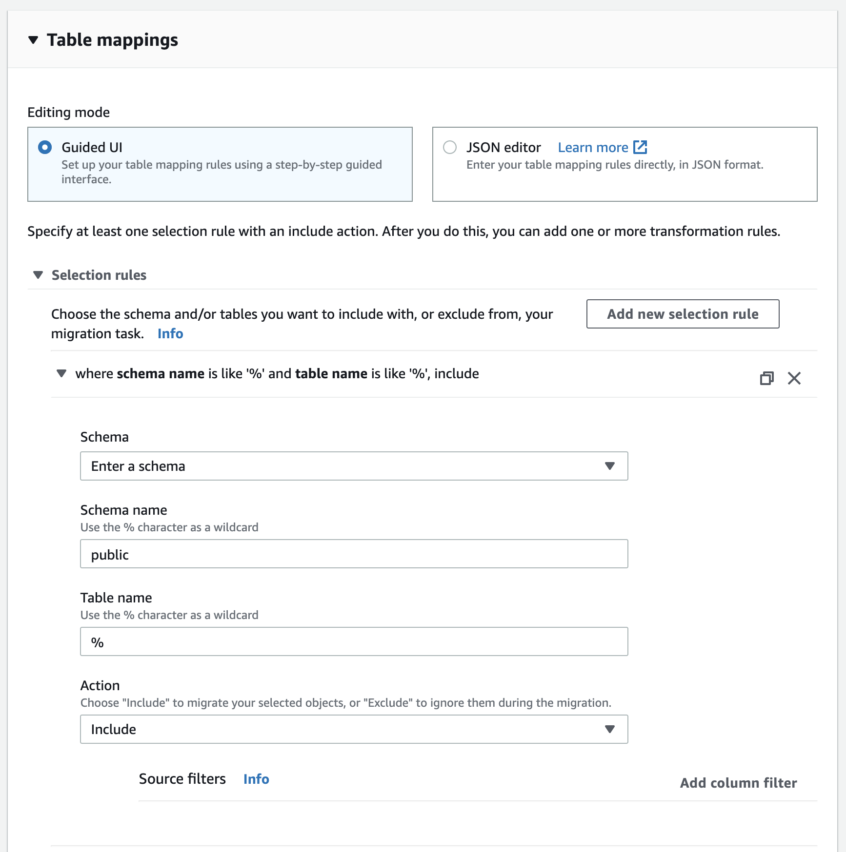 In the &quot;Table mappings&quot; section, tell AWS DMS which tables to copy