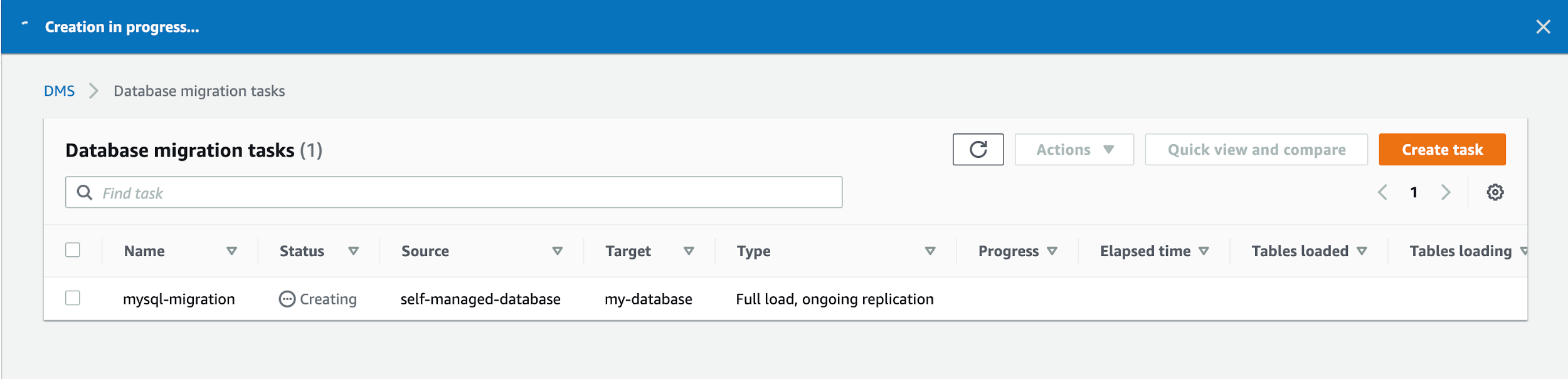 After you create your task, your task is shown with a &quot;Status&quot; of &quot;Creating&quot;