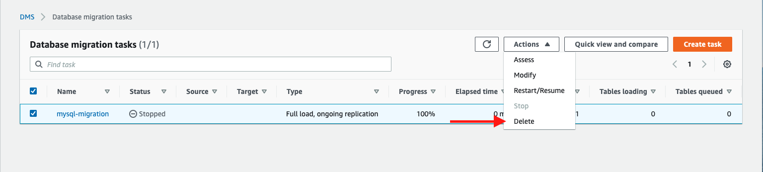 Delete the database migration task