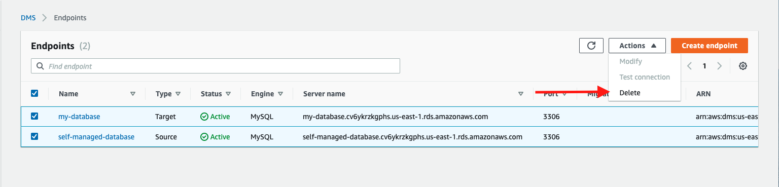 Choose both your source endpoint and your target endpoint, and then choose &quot;Delete&quot;