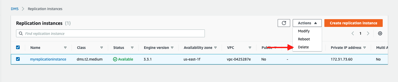 If your replication instance is not being used for any other replication tasks, choose it and then choose &quot;Delete&quot;