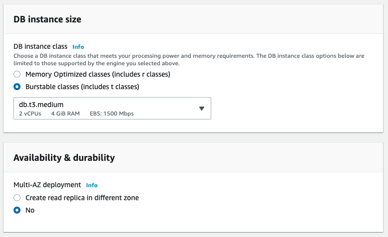 Retain the &quot;DB instance size&quot; defaults