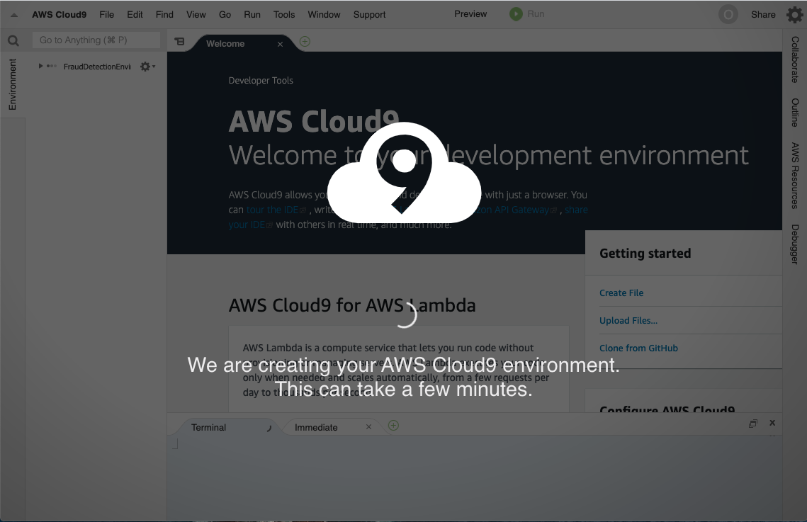 The AWS Cloud9 environment as it is provisioning