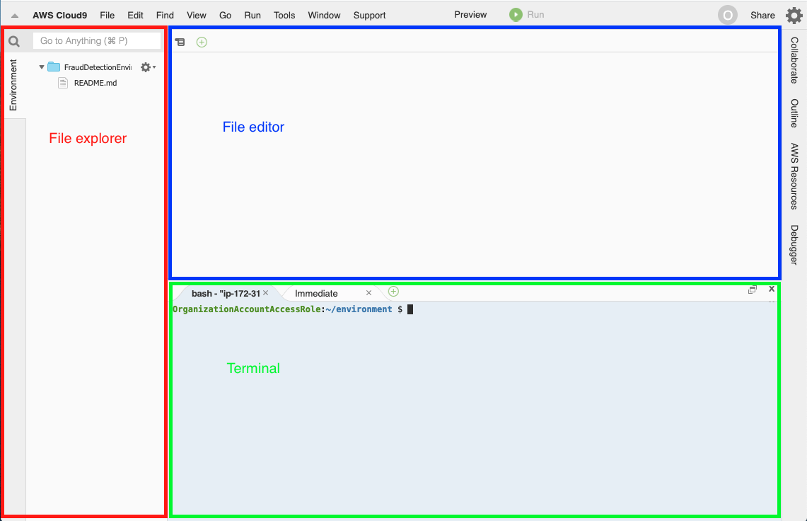 The three main areas of the AWS Cloud9 console