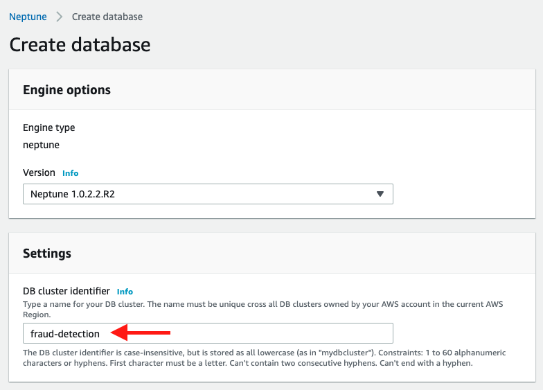 Use the default Neptune version and give your database an identifier