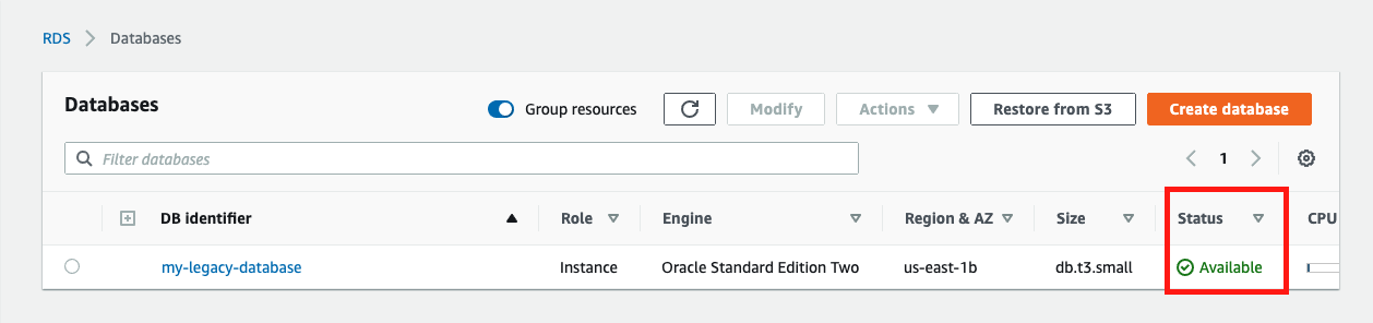 When your database is ready to use, its &quot;Status&quot; is &quot;Available&quot;