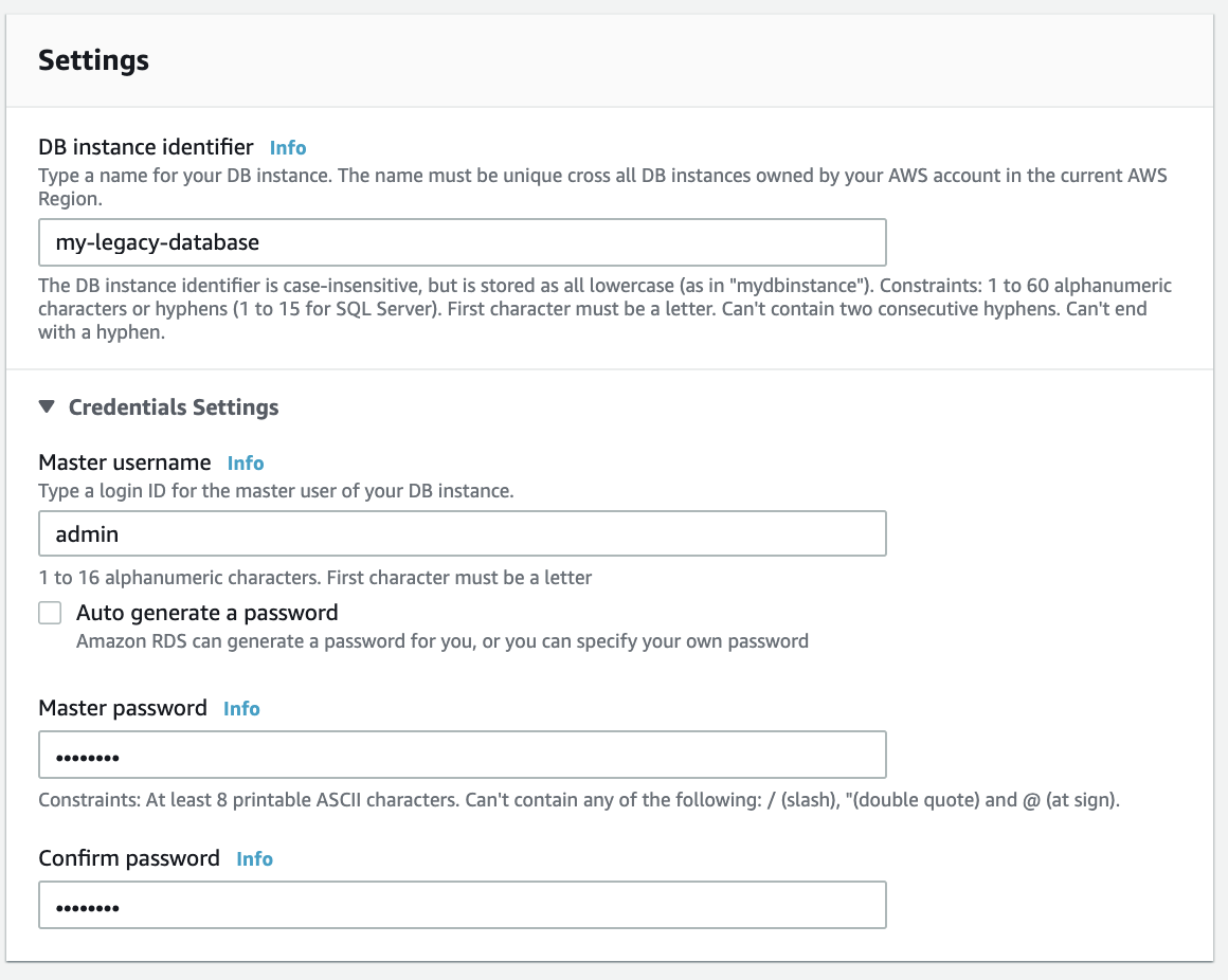 Give your database a name and set the master username and password