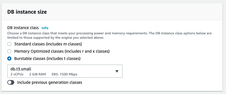 Choose the db.t3.small instance class for your instance