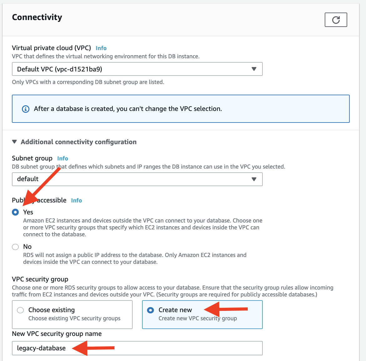 Specify the Amazon VPC, network subnet, and security groups