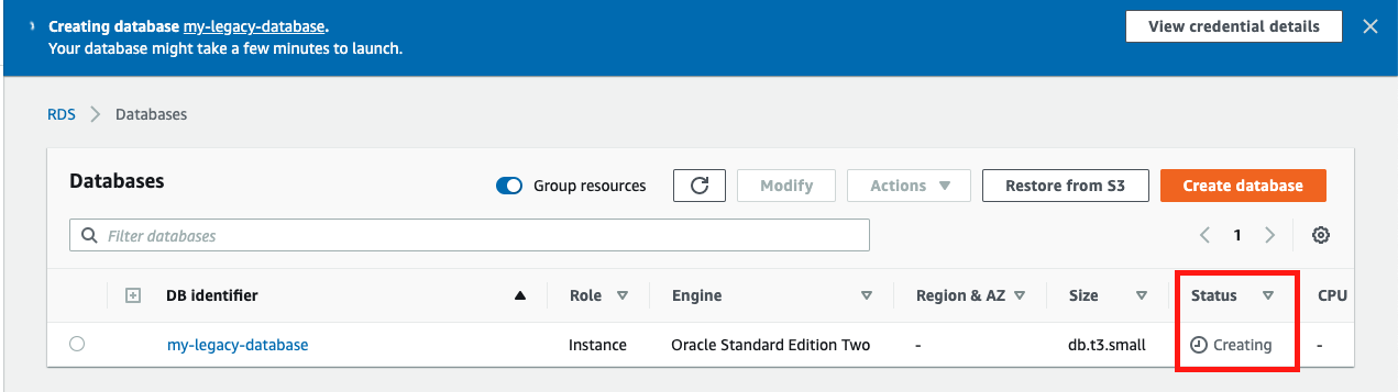 As Amazon RDS is provisioning your infrastructure and initializing your database, the &quot;Status&quot; of your database is &quot;Creating&quot;