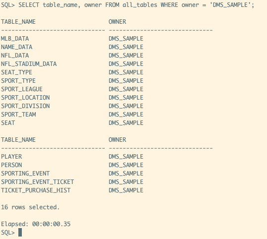 You should see sixteen tables in the query results, including MLB_DATA, NAME_DATA, and NFL_DATA