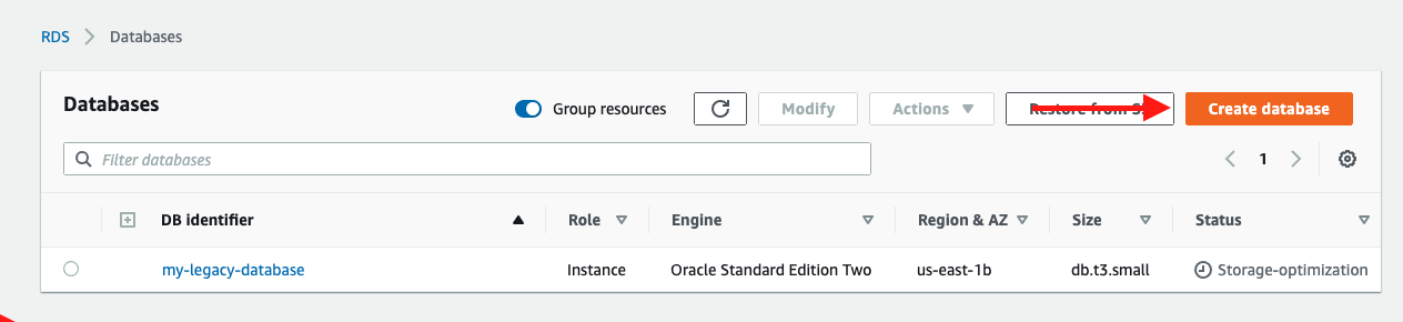 In the Amazon RDS console, choose &quot;Create database&quot;