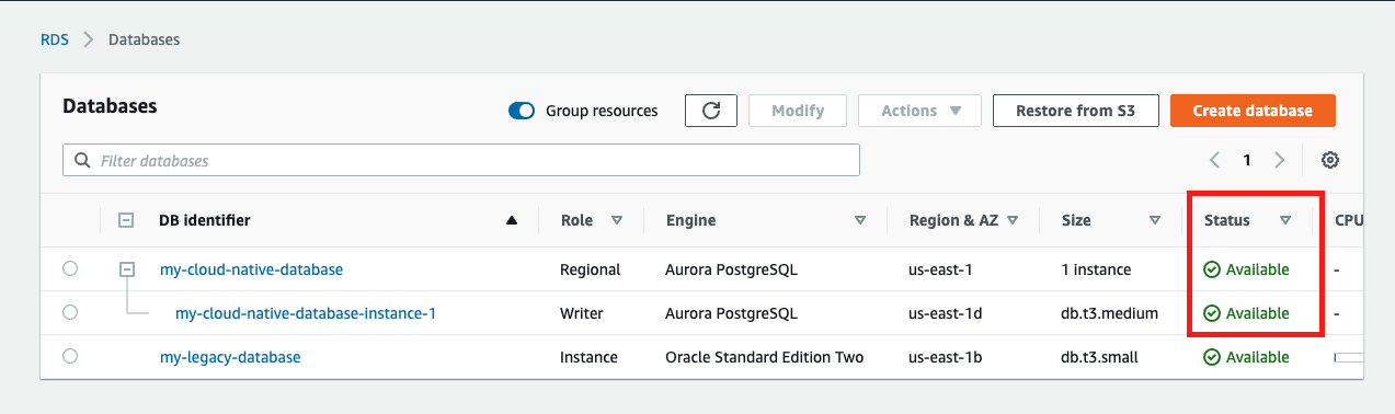 When your database is ready to use, its &quot;Status&quot; is &quot;Available&quot;
